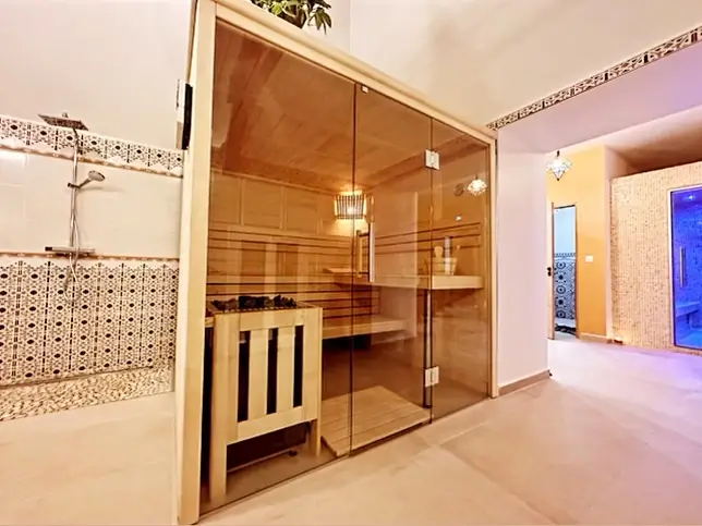 Sauna avec portes vitrées et intérieur bois